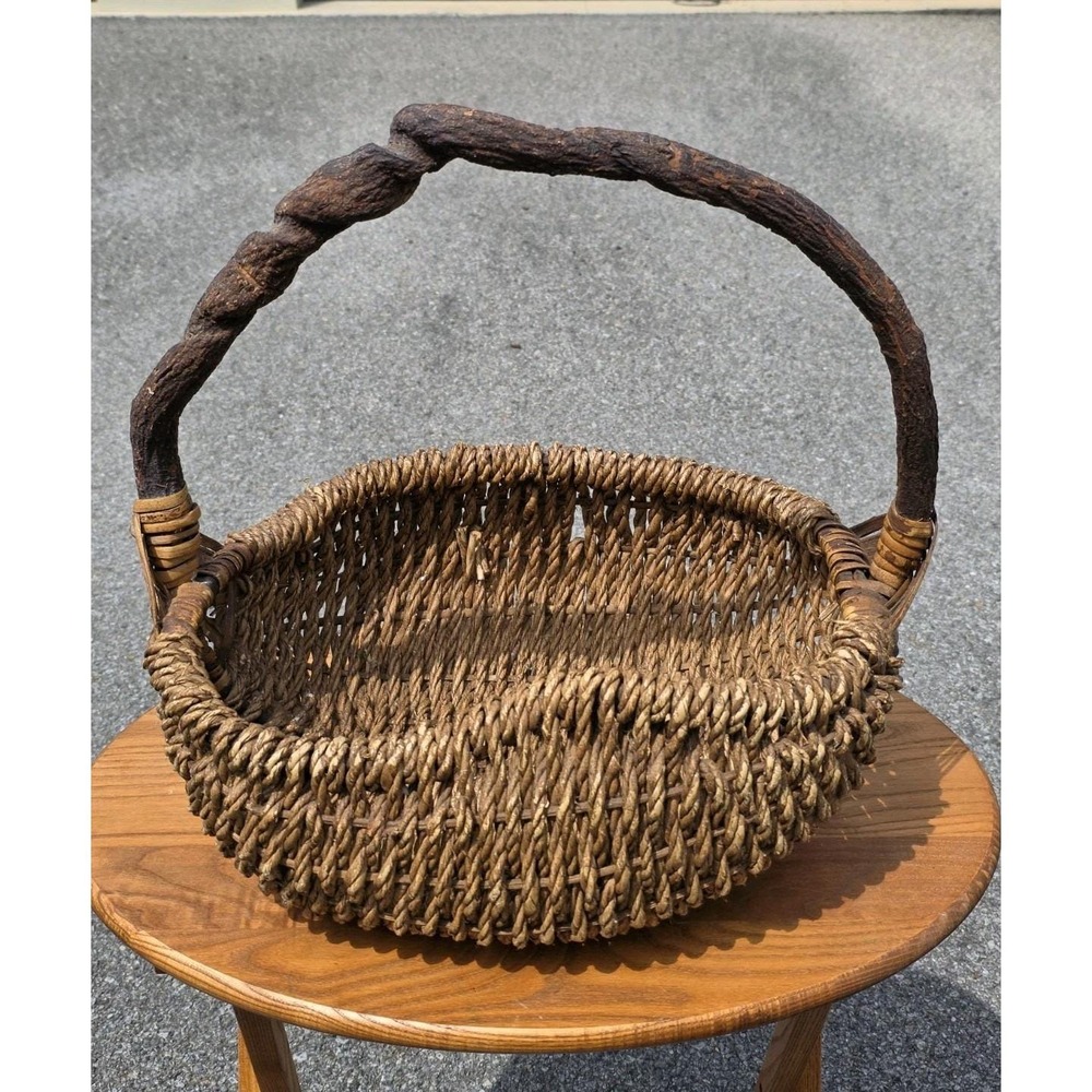 Vintage Woven Basket Oval Seagrass Twisted Vine Root Handle Folk Art